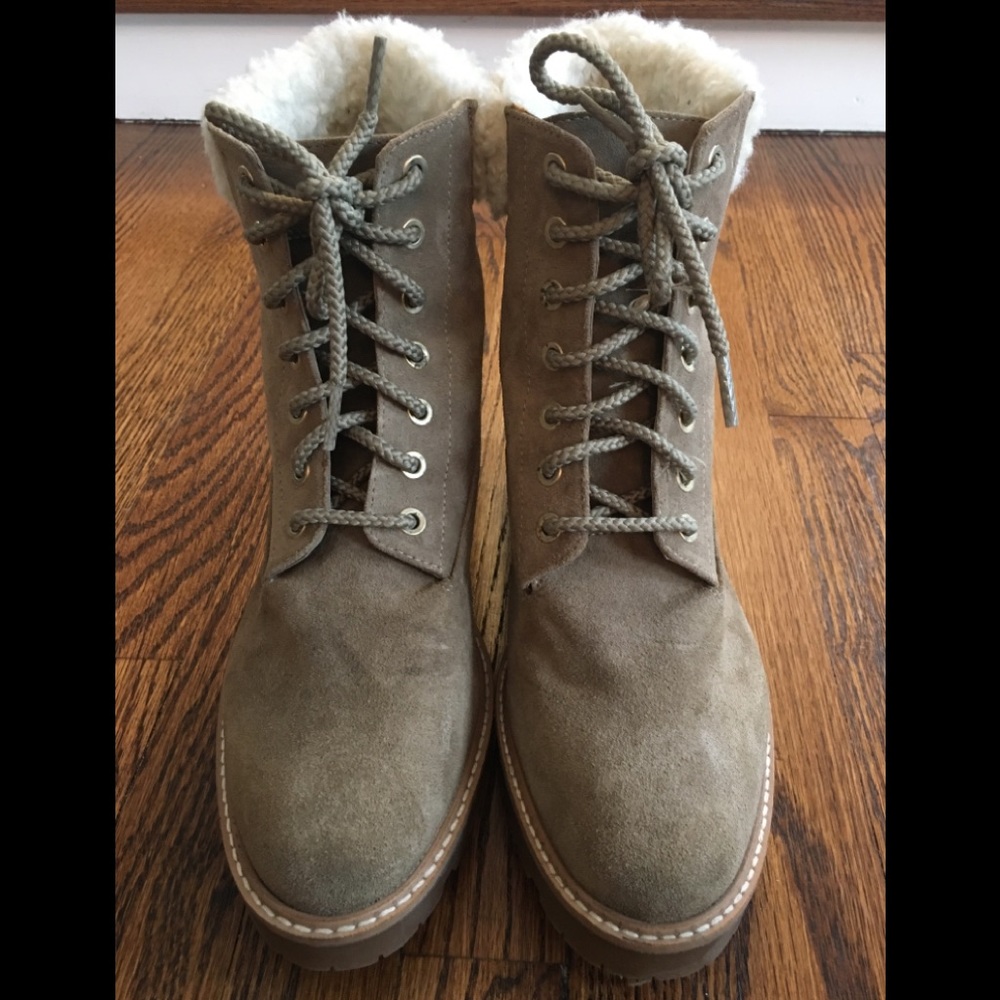 Zara Basic faux fur trim lace up tan suede boot 10
